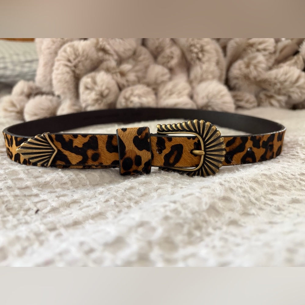 Leopard Print Faux Hair Genuine Leather Belt with Antiqued Western Brass Buckle